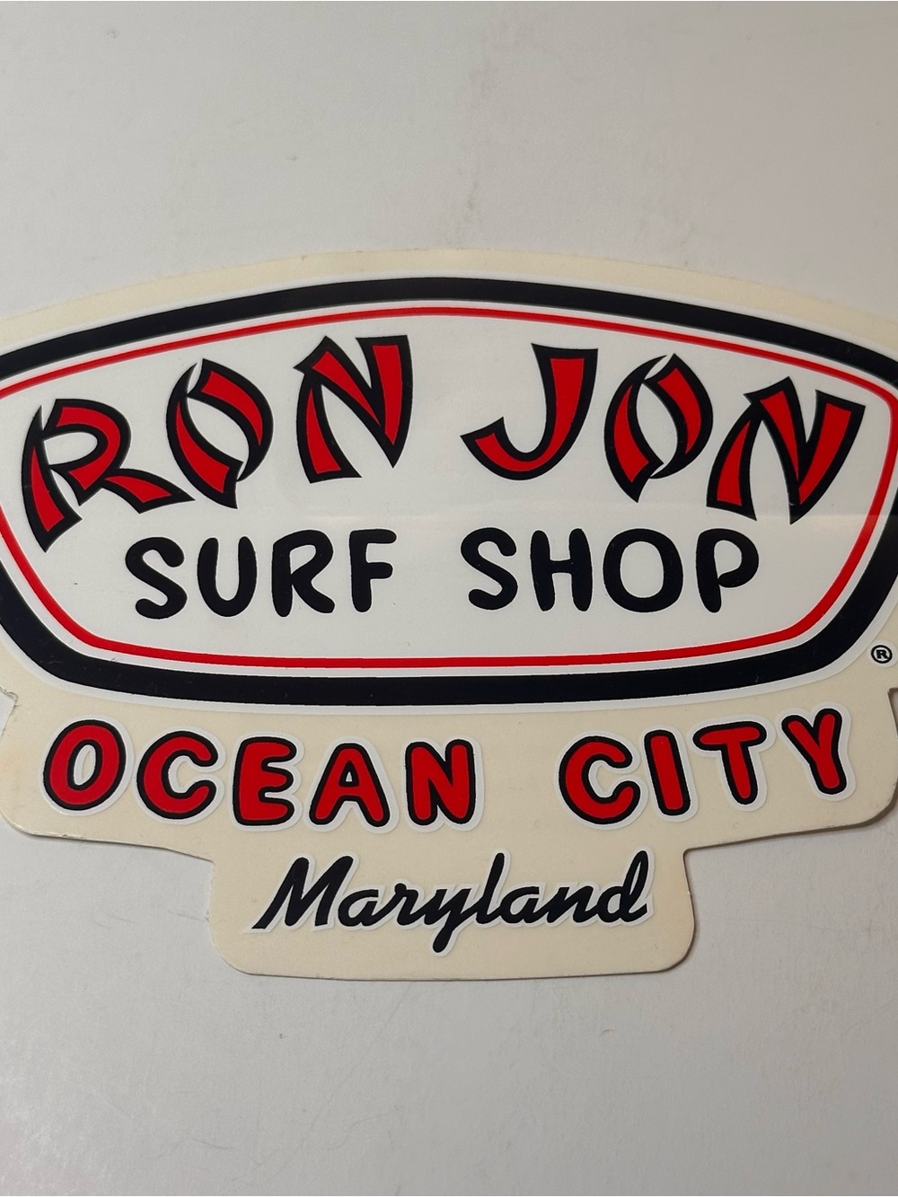 Ron Jon Surf Shop Ocean City Maryland Large Red Logo Souvenir Sticker NEW (Dent)
